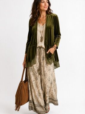 Olive Green Velvet Duster Cardigan Sheer Hem Boho Open Front Jacket